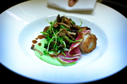 Crispy Shiitake Turnip Cake with Edamame and Fermented Black Bean Sauce